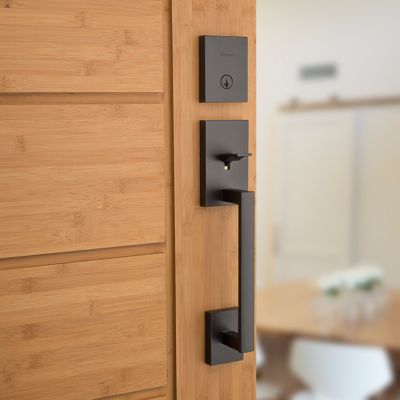 Kwikset San Clemente Handleset with Halifax Lever - Deadbolt Keyed One Side - featuring SmartKey, Matte Black