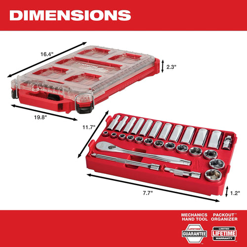 Milwaukee 3/8” Drive 28pc Ratchet & Socket Set with PACKOUT™ Low-Profile Compact Organizer SAE