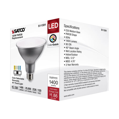 Satco S11591 15.5 Watt PAR38 LED Medium Base Silver Finish CCT Selectable 120 Volt