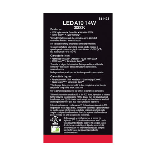 Satco S11423 14 Watt Dimmable A19 Medium LED Bulbs