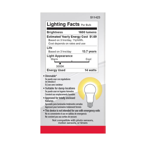 Satco S11423 14 Watt Dimmable A19 Medium LED Bulbs